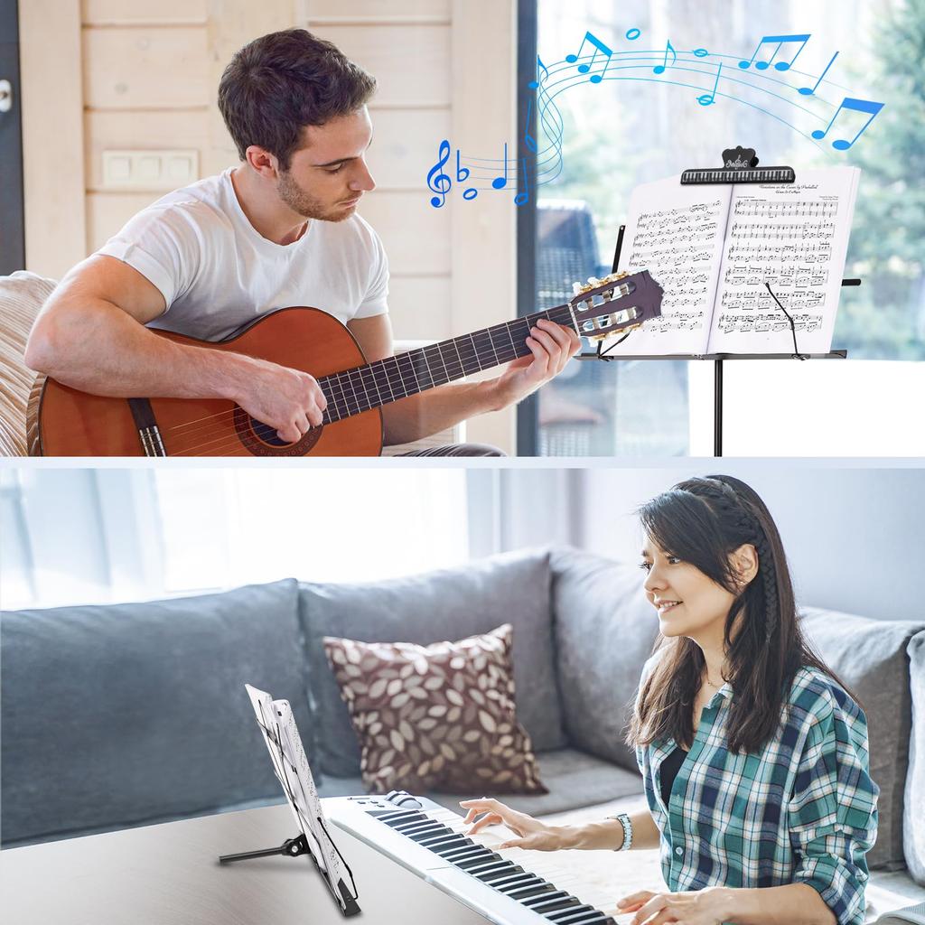 New Bee Folding Music Stand, Adjustable Height 70-135cm, Desktop Stand with Music Clip and Storage Bag, Black, MS21