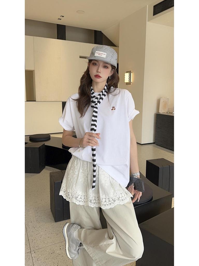 Ice Porcelain Women's Cotton White Short Sleeve Round Neck Print T-shirt, Plus Size Casual Top 2025.