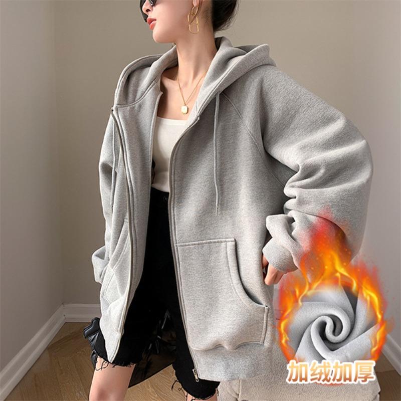 Jimo hooded sweater women's clothing autumn and winter loose lazy wind fleece zipper cardigan top jacket