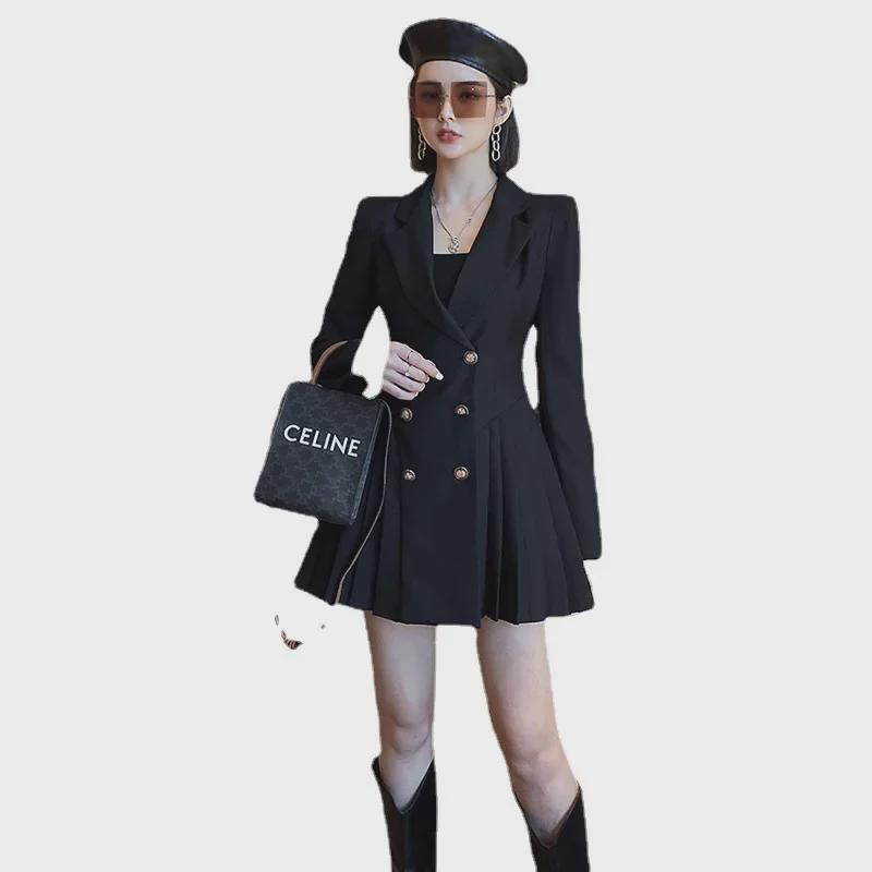 2025 Spring/Autumn Korean Double-breasted Western Thin Style Long-sleeved Dress