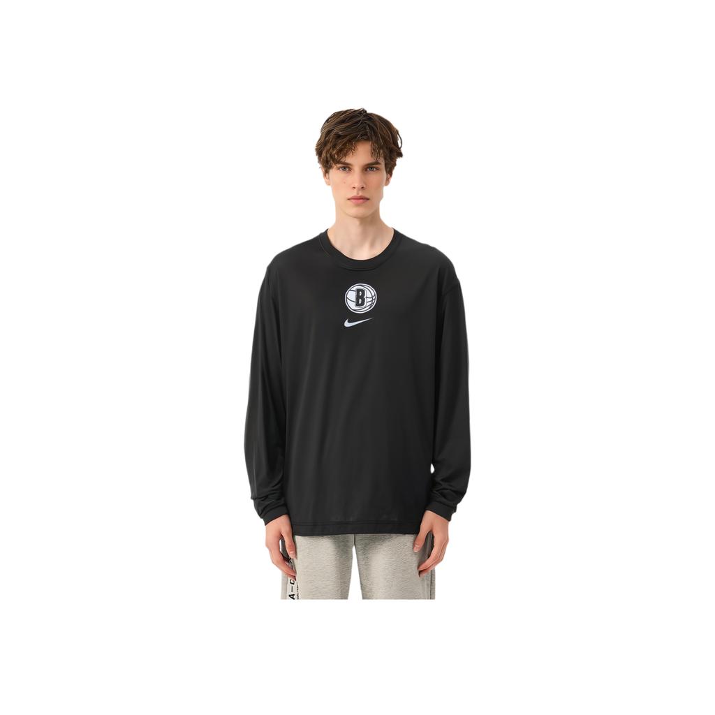 Nike Brooklyn Nets American Vintage Logo Print Crew Neck Pullover Casual Quick-Dry Knit Long Sleeve T-Shirt Men Tops Black FB3581-010