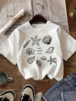 Sea Sand Sun Shell T Shirt Unisex Sea Shell Starfish Graphic Tee Summer Short Sleeve Aesthetic Beach Vacation Fashionable Tops