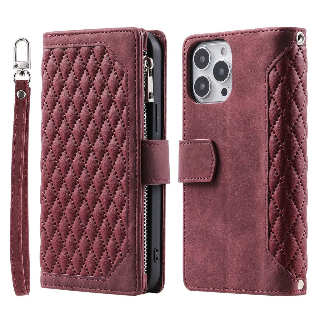 Style 005 For iPhone 16 Pro Zipper Wallet Case Rhombus Stitching Line PU Leather Phone Cover