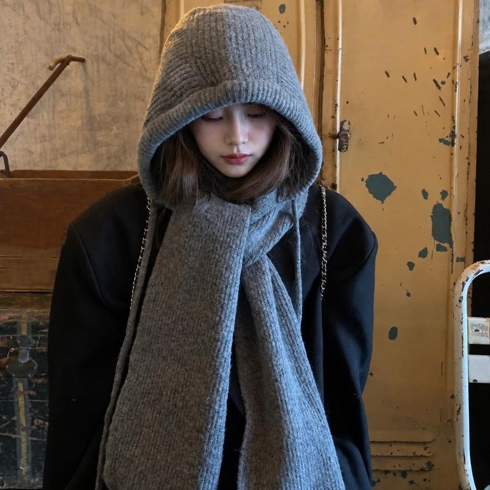 Thick Knit Hood Scarf Combo Solid Color Knitted Hooded Beanie Winter Balaclava Hat  Women