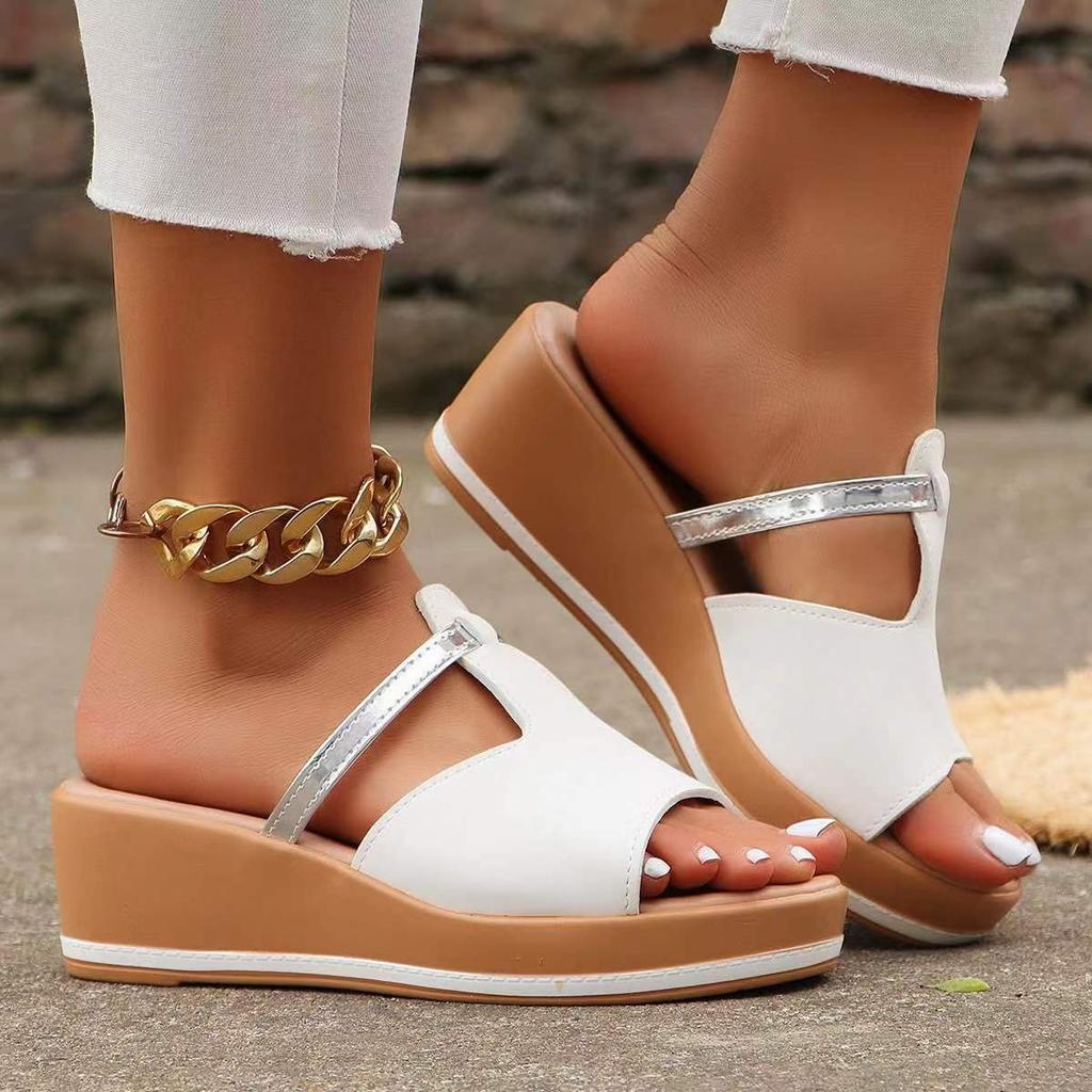 2025 New Foreign Trade Summer Women's Slope Heel Thick-soled Slippers Large Size Thick-soled Heightening Casual Slippers Women's Shoes