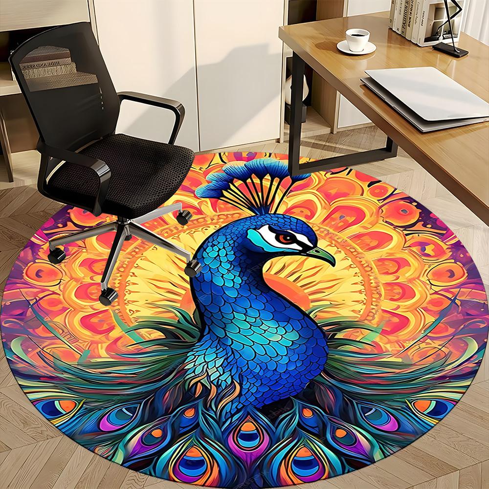 1pc Peacock Mandala Office Round Area Rug, Under Office Chairs Bedroom Living Room Home Decor, Room Deco