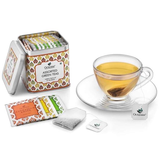 Octavius Sortierter Grüner Tee - 25 Teebeutel | Tee-Geschenksets | 3 Sortierter Grüner Tee | Zimt Anis, Pur Grün, Zitrone | Tee-Geschenkdose | Geschenkbox