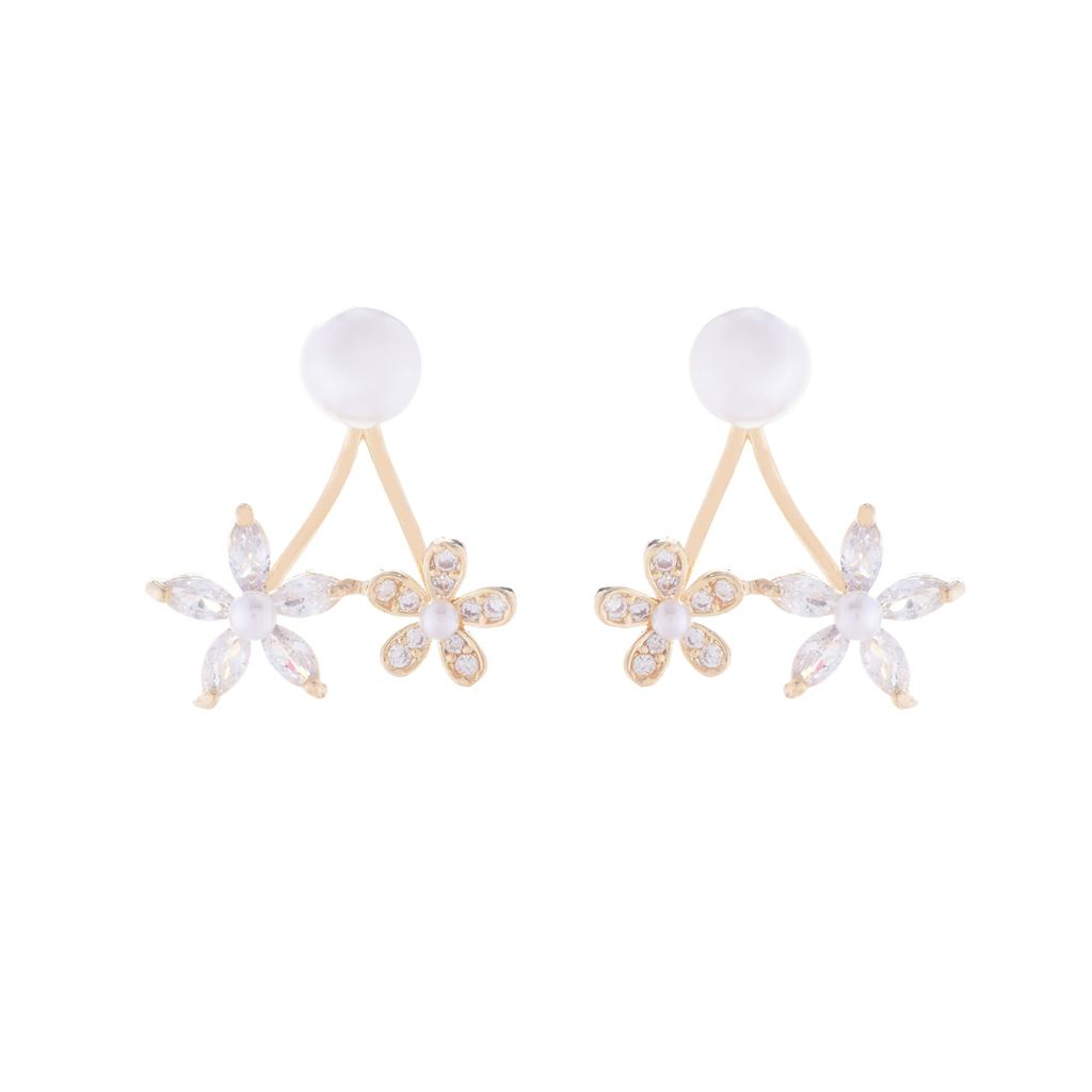 14K Real Gold Plating Korean  Fashion Jewelry Luxury Shiny Double Flower Pearl Earrings Exquisite Women's Daily Accessories