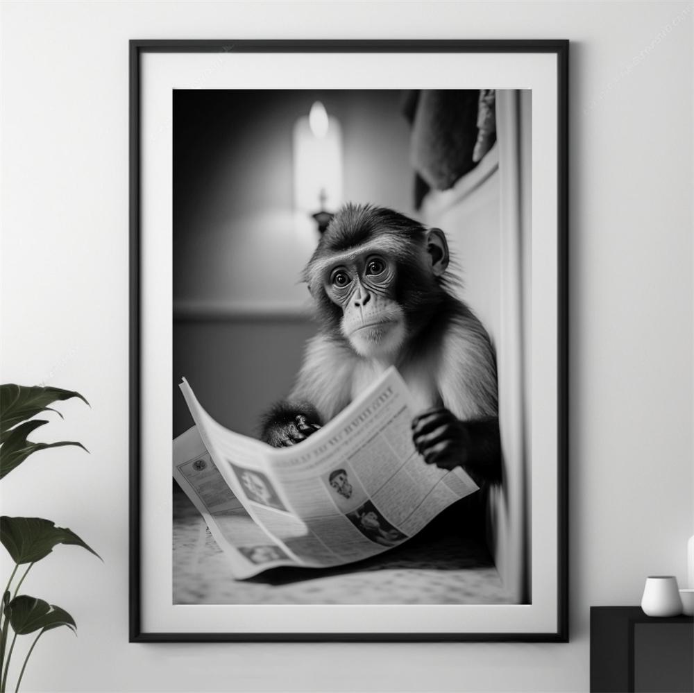 Cute Monkey Bathroom Art Prints Wall Art Funny Bathroom Print Poster Monkey Art Print Toilet Humor Whimsy Animal Canvas Painting