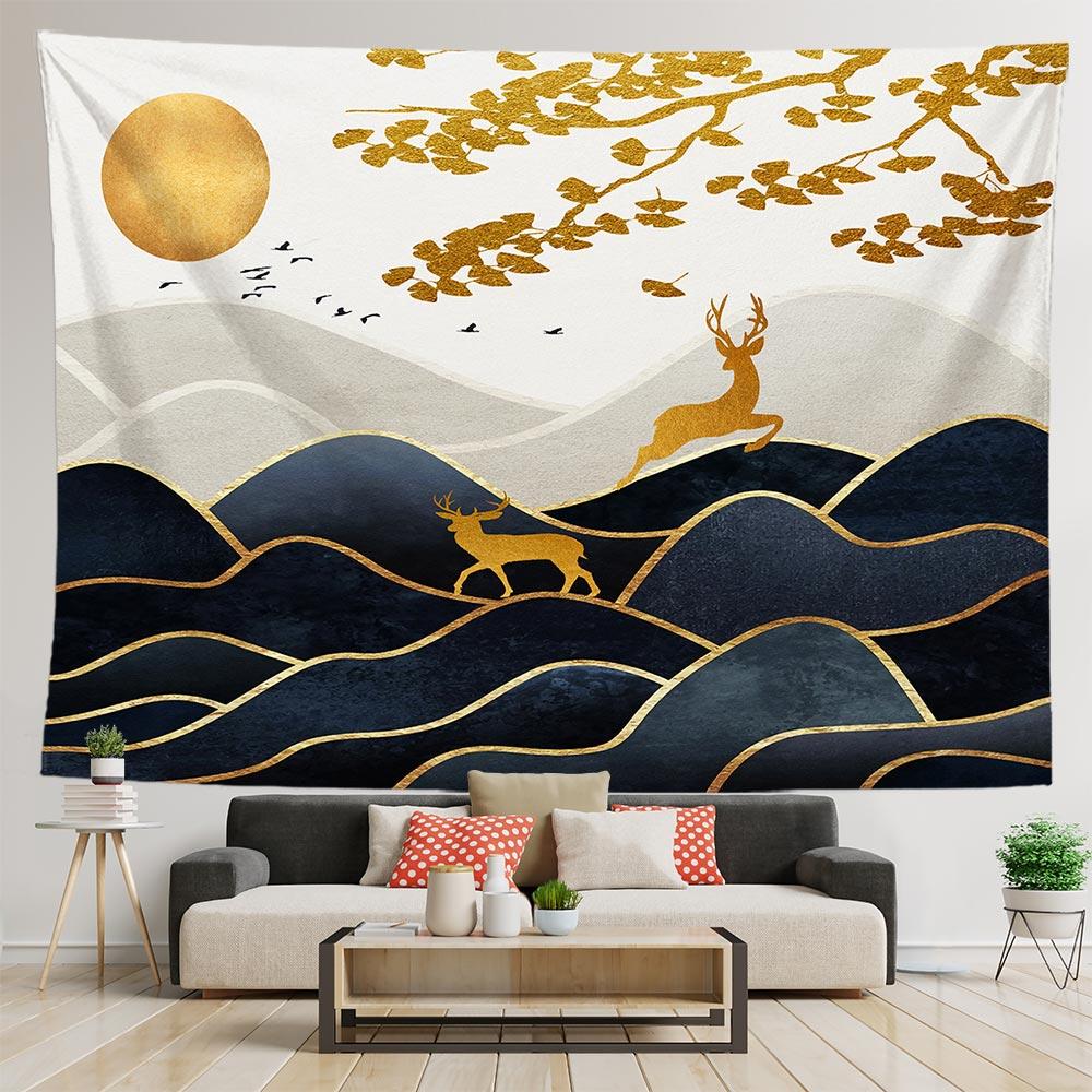 Эстетический абстрактный окрашенный горный лесной гобелен пейзаж настенный ковер натуральный горный закат гобелен 100X75CM