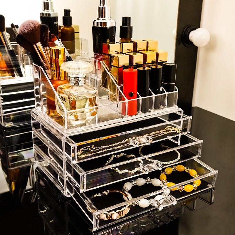 Transparent Crystal Multifunctional Lipstick and Jewelry Display Stand with Drawer