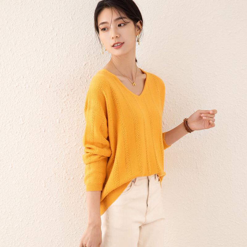 TUHUANG Women's 100% Wool Textured V-Neck Sweater