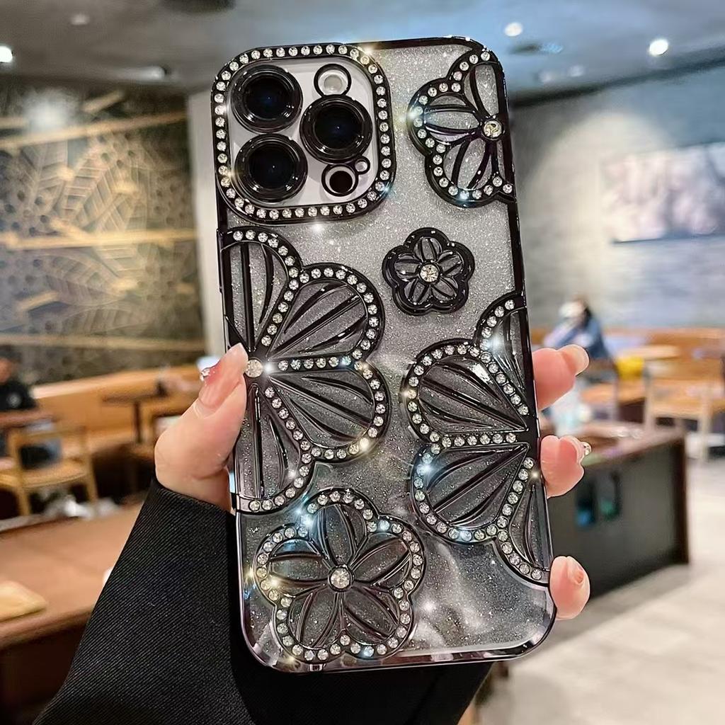 Geeignet für Ip16promax Galvanisierte Glitzerkante Diamant Blume Apple 13/14/15 Ölgemälde Blume Weiche Hülle