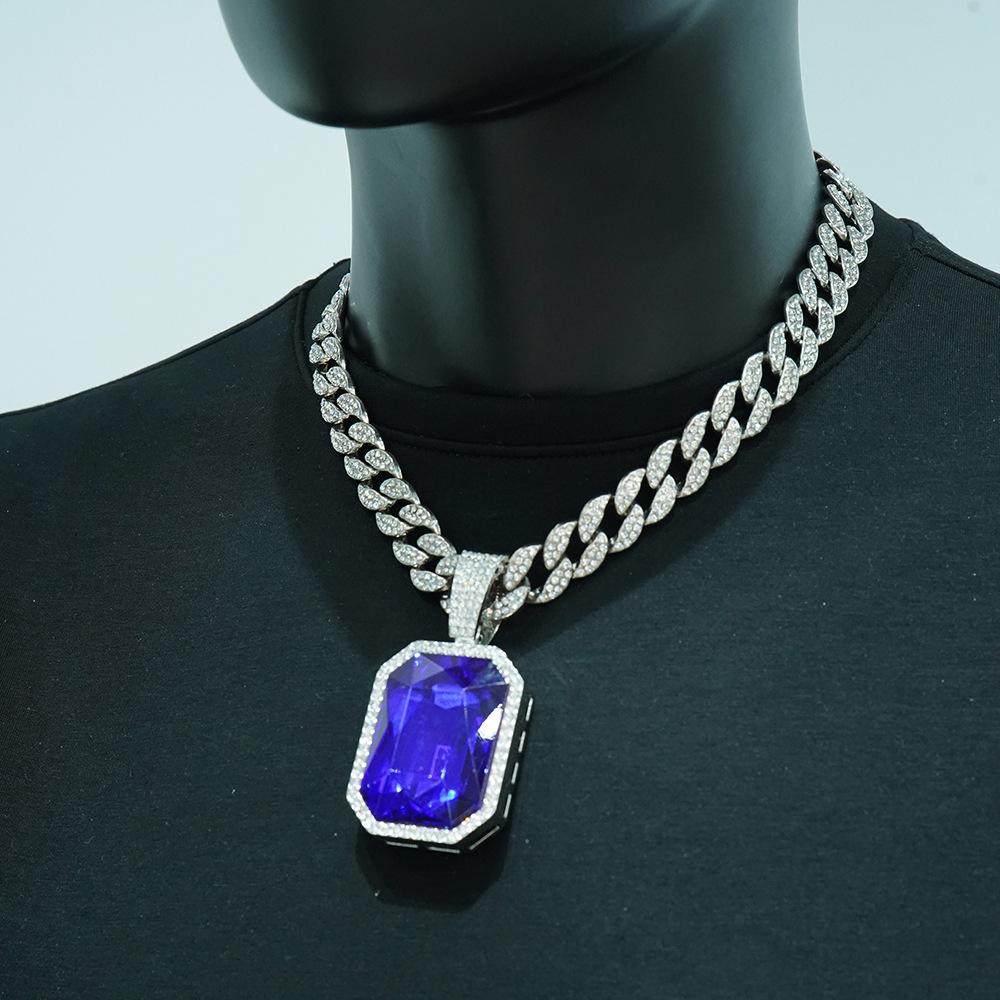 European and American Jewelry Fashion Square Colored Gemstone Necklace Pendant for Men, Hip-hop Style, Full Diamond Cuban Chain Necklace, Unisex