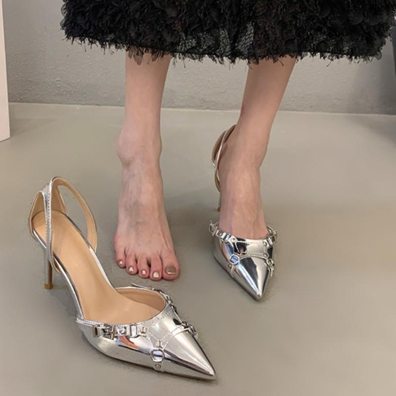 

Модные серебристые босоножки на высоком каблуке Женские Летние 2025 Панк Готика Остроносые Вечерние Туфли Женские Металлические На Тонком Каблуке Туфли-Лодочки Женские 35 серебряный