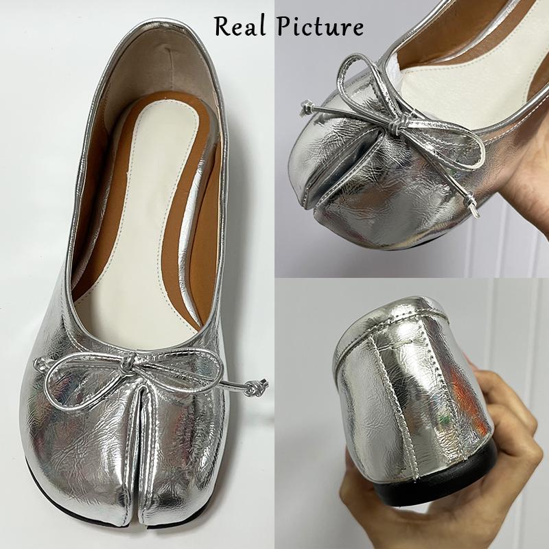

Fashion IPPEUM Split Toe Shoes Tabis Ballet Flats Women Black Leather Mary Janes Plus Size 44 Butterfly Knot Ballerinas Zapatos mujer US 4 (22.5CM) серебряный