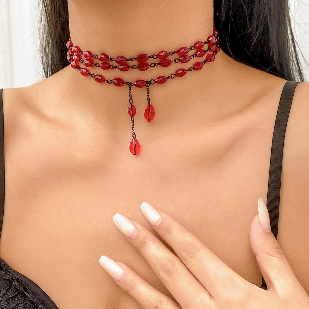 Retro Gothic Style Blood Dripping Fringe Imitation Crystal Necklace, Creative Dark Beaded Multi-Layer Necklace For Women