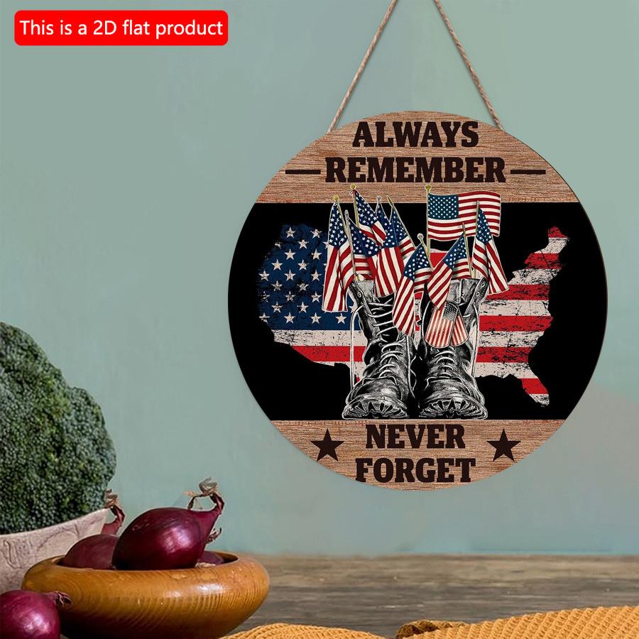 2D Flat 20*20cm1pc Always Remember Never Forget 4th of July Warrior Shoes and Flag Pattern Wooden Hanging Door Decor, USA Independence Day Patriotic