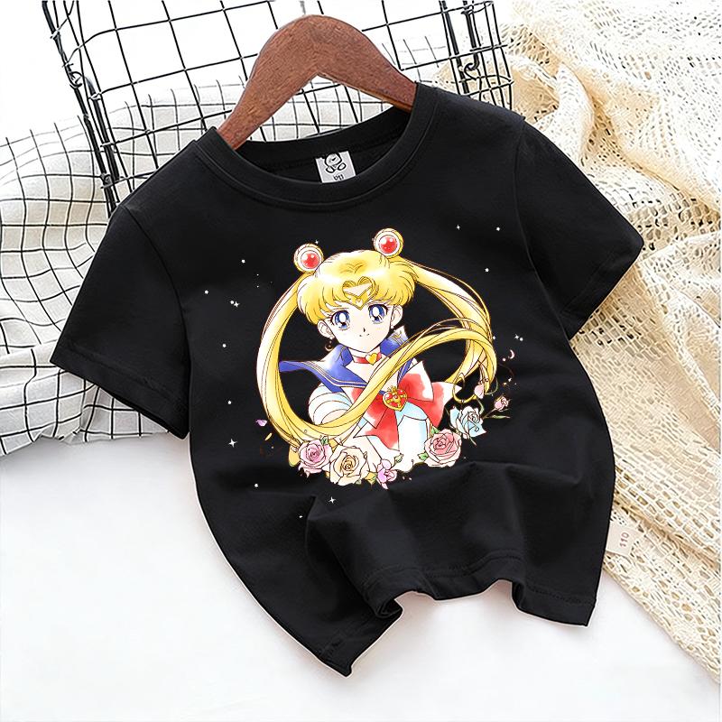 SailorsMoon Anime Girl's T-shirt Cotton Clothes Cute Cartoon Printed Toddler Sweatshirt Casual Short Sleeve Kids Game Trend Tops
