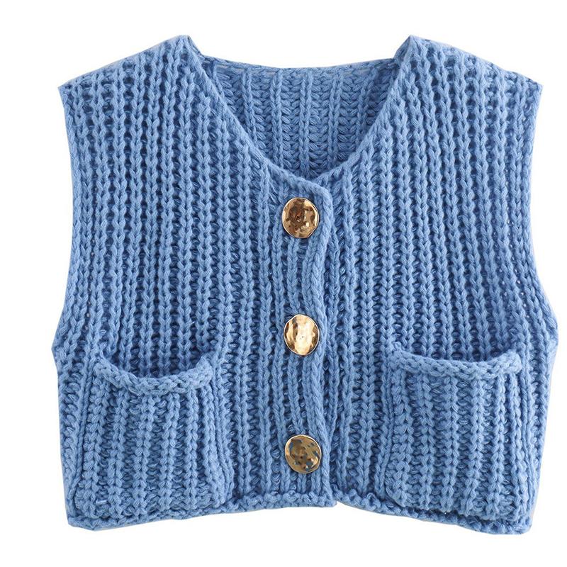 Winter New Women's Clothing Vest Simple Pocket Sleeveless Short Knitted Vest Cardigan Top