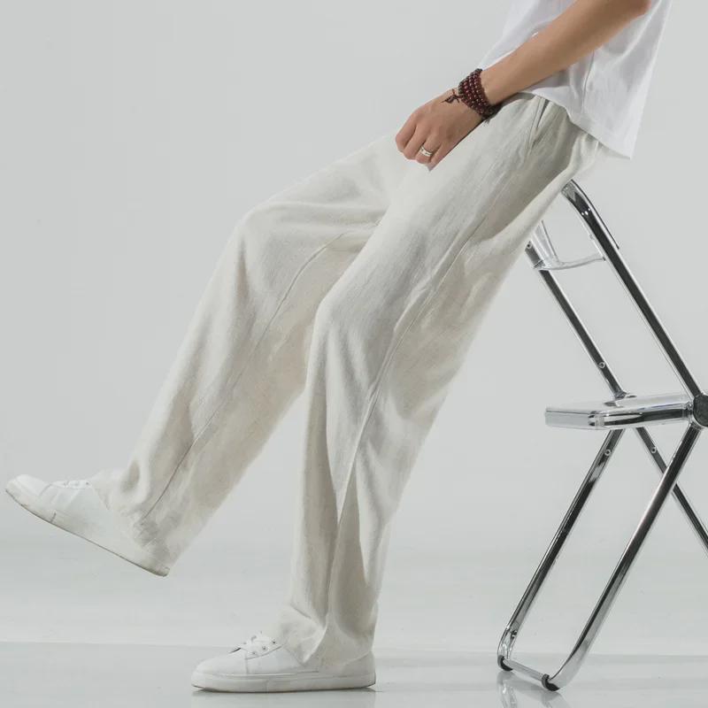 Men's White Linen Wide-Leg Casual Pants for Spring and Autumn