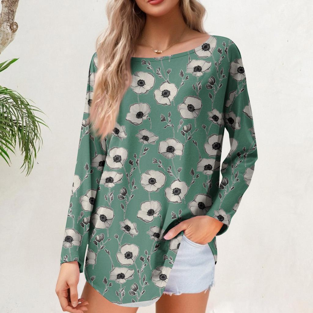 Women's  Loose Casual Flower Printed Round Neck Long Sleeved T Shirt Top Pullover Long Sleeved Sweatshirt