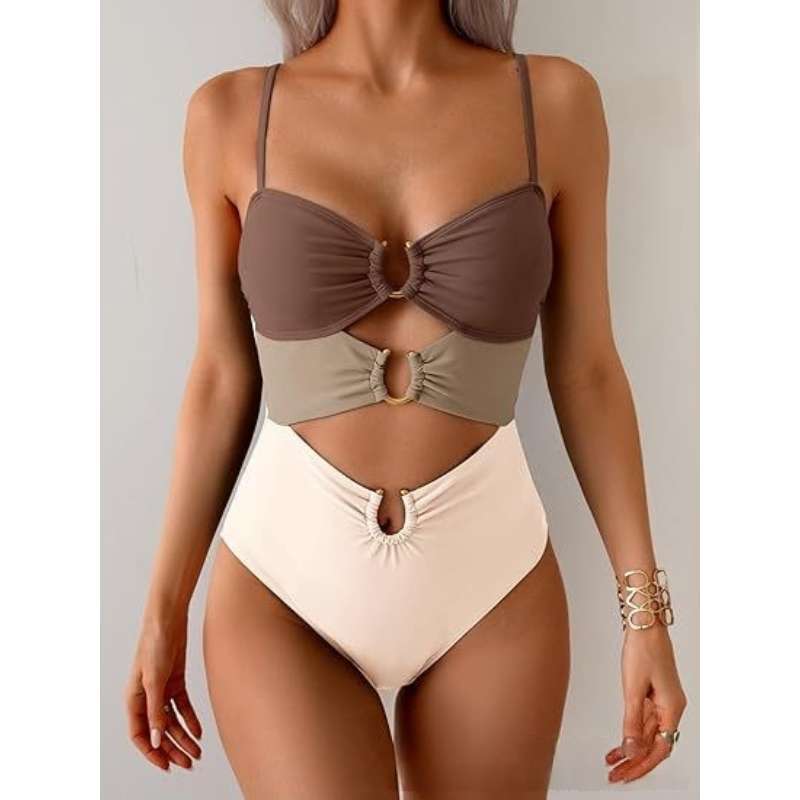 European and American swimsuit women's sexy splicing metal buckle hollow one-piece swimsuit hot spring vacation swimsuit women