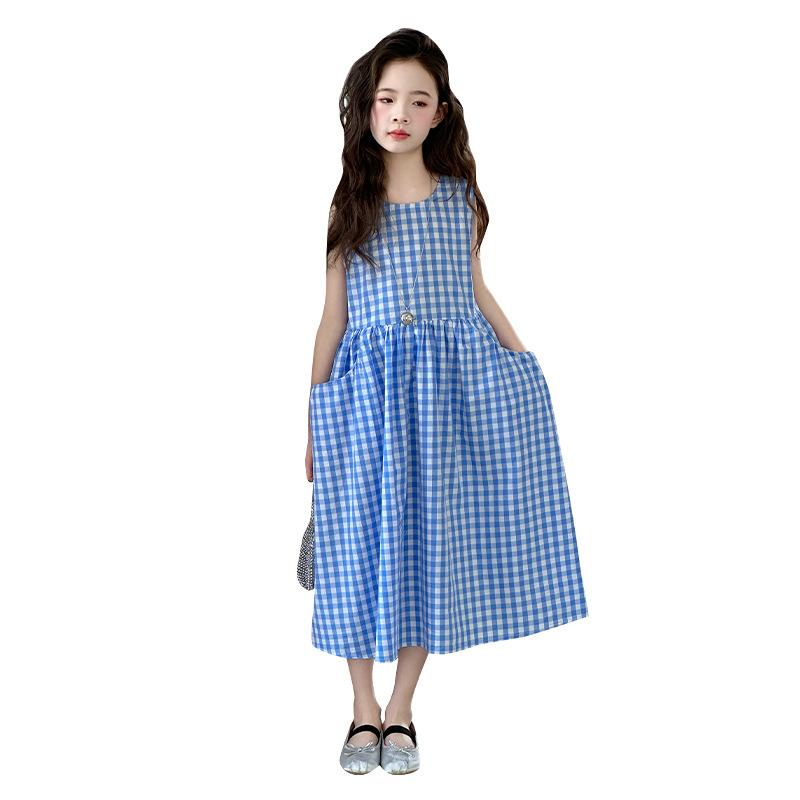Summer New Style Girls' Sleeveless Plaid Dress, Children's Clothing, Girls' Temperament, Pocket Vest Dress, Trendy and Clear