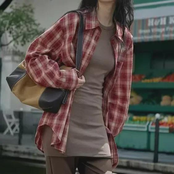 2024 Spring/Summer Red Plaid Women's Slim-Fit Loose Long Shirt