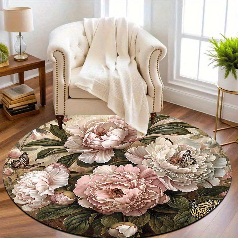 Tappeto Rotondo Floreale Vintage di Lusso Tappetino Decorativo Morbido Antiscivolo Tappeto con Stampa 2D Peonia Farfalla per Ingresso Decorazione Casa Regalo