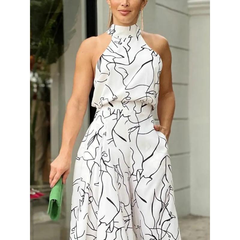 Tuta elegante allacciata alla caviglia Stampa casual Cravatta Vita senza maniche Tuta estiva con pantaloni lunghi a gamba larga Abbigliamento da donna