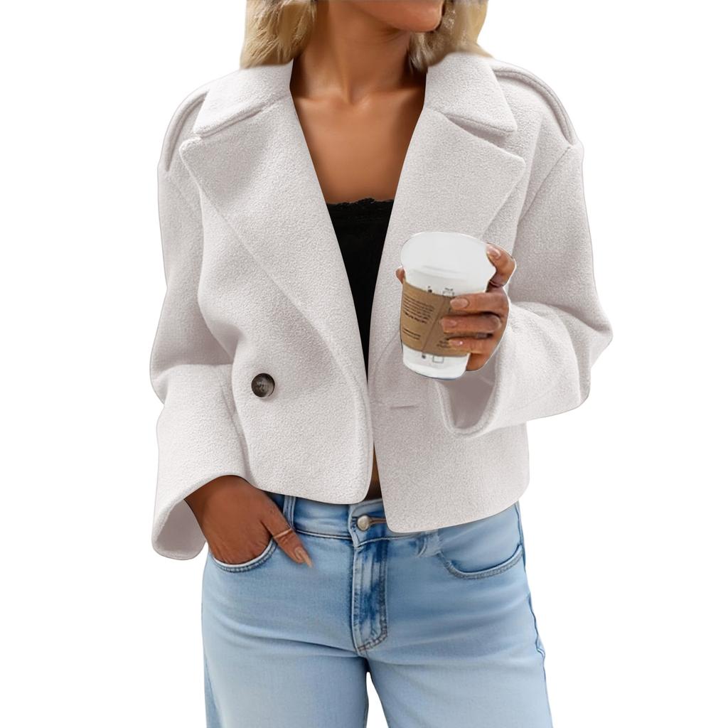 Women's Fashionable, Elegant, -color, Long-sleeved, Short Woolen Coat With A Turned-up Collar