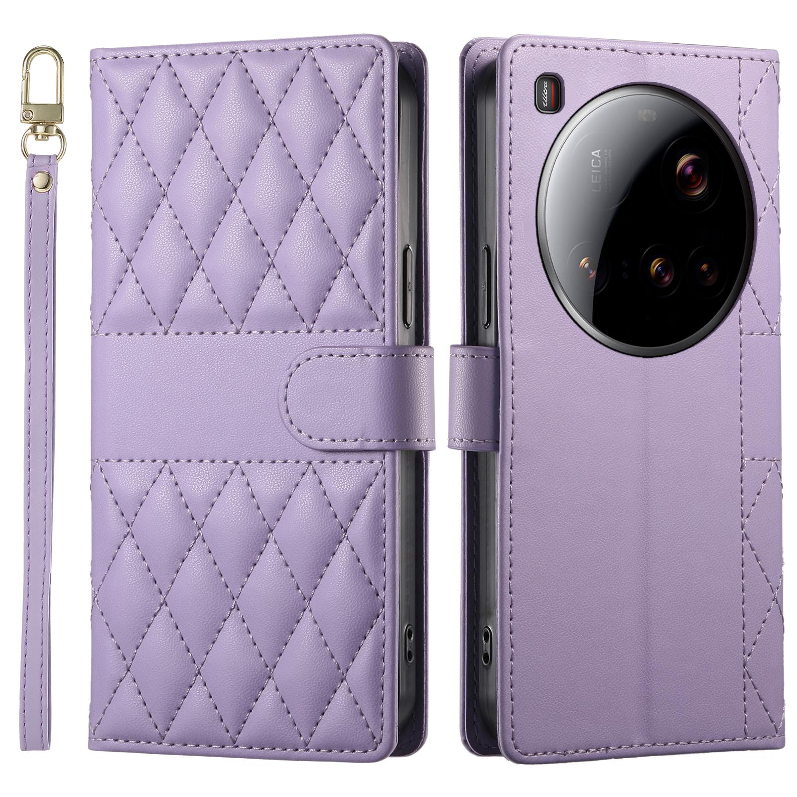 

For Xiaomi 15 Ultra Case Rhombus Stitching Wallet Stand Leather Phone Cover with Long/Short Strap Purple