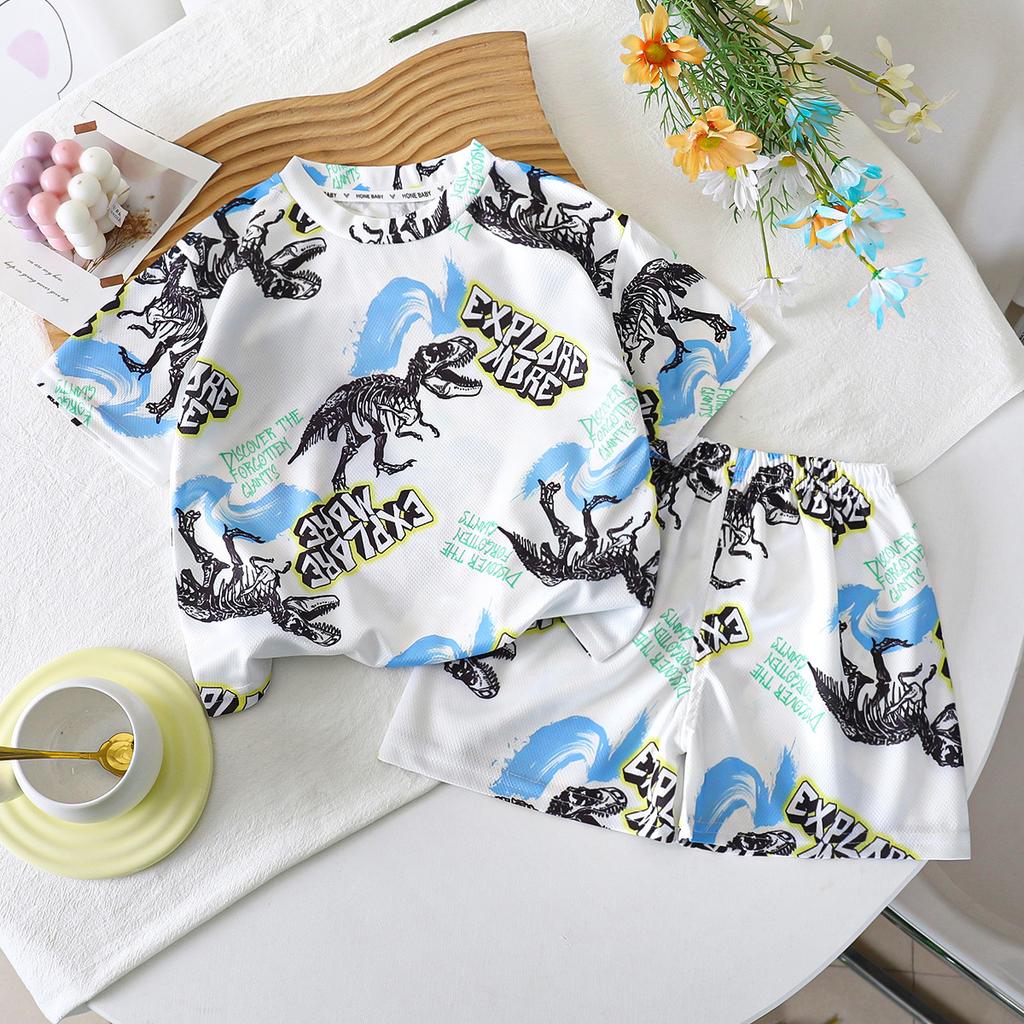 Children's Cute Round-neck Printed Set - Summer Boys' Short-sleeved Lightweight Two-piece Set