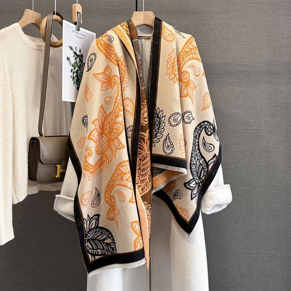 Winter Neck Warmer Scarf For Women Thickened Tassel Pashmina Shawl Cashew Print Faux Cashmere Warps Autumn Elegant Blanket