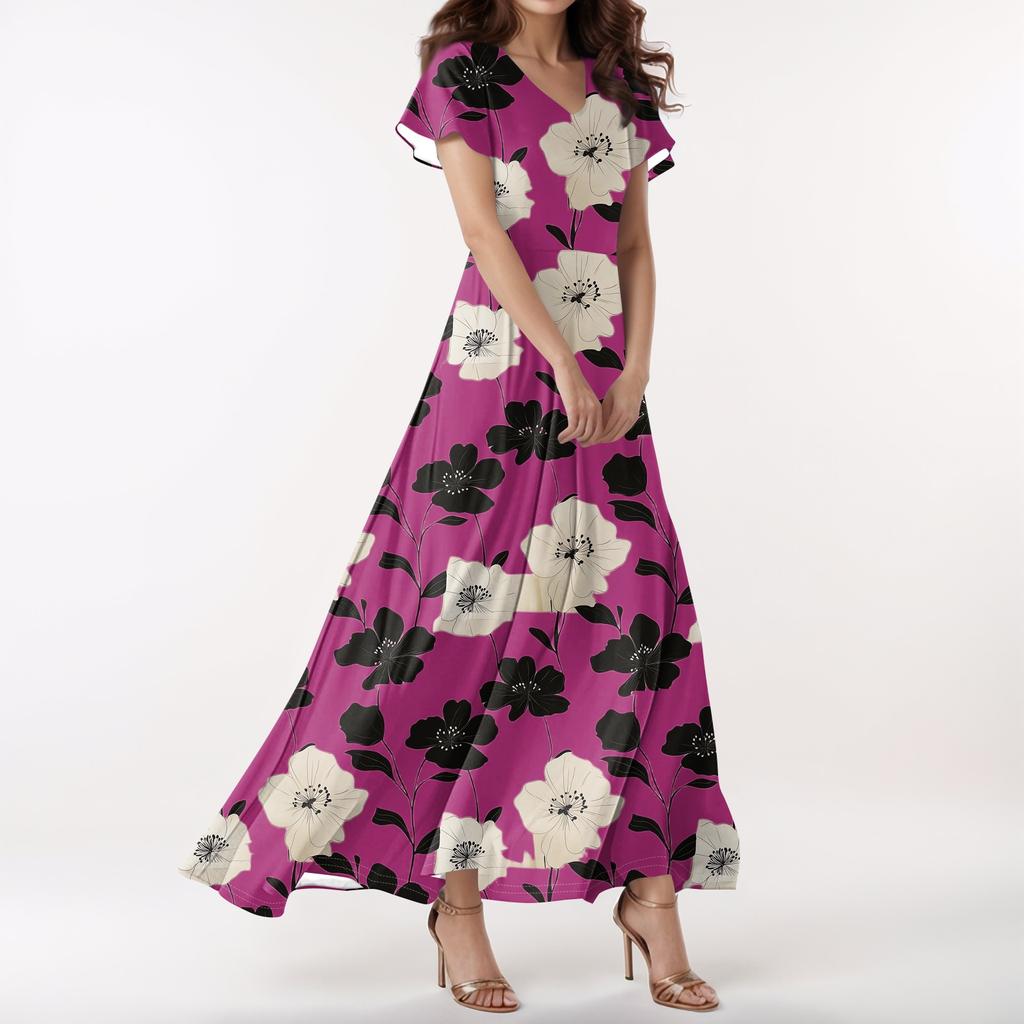 Lässiges Damenkleid mit V-Ausschnitt, kurzen Ärmeln und hoher Taille, Retro-Blumenblatt-Print