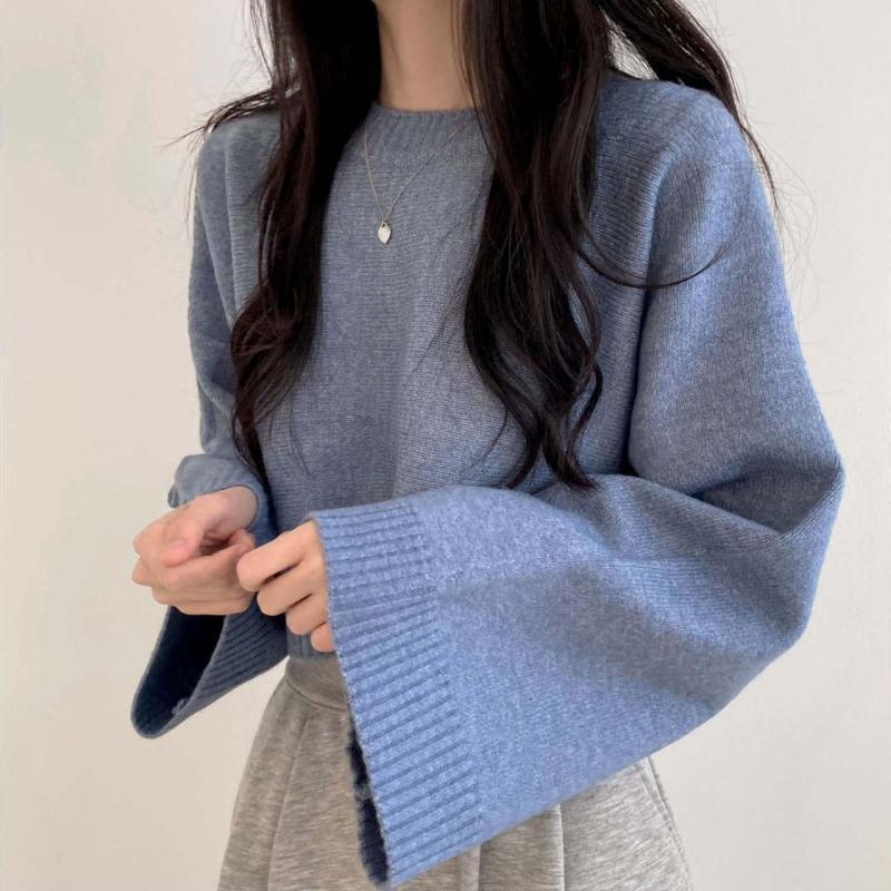 Chic Autumn and Winter Lazy Sweater Solid Color Loose Small Short Long-sleeved Round Neck Pullover Knitted Sweater Women