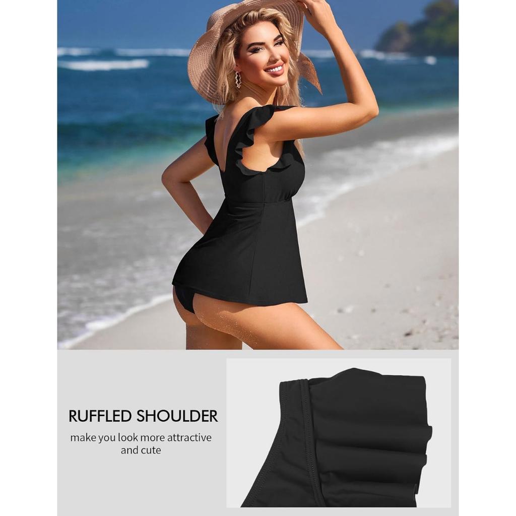 CHARMLEAKS Women Tankini Top Ruffled Shoulder Bathing Suit Top V Neck Swimsuit Top Flowy Bikini Tank Top