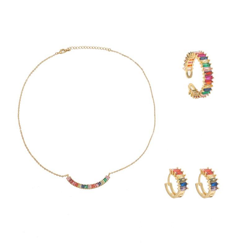 Elegant Copper Alloy Zircon Micro-Pave Jewelry Set Women Gold Tone Cross Crown Roman Numeral Design Gold