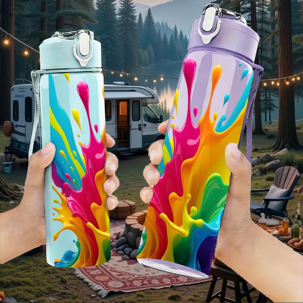 1 Stück Bunte Regenbogen-Tintenspritzer 750ml Farbige Kunststoff-Wasserflasche Auslaufsicherer Klappdeckel mit Strohhalm Für Sport, Büro, Zuhause