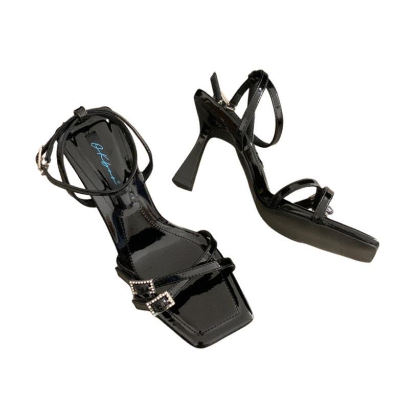 2025 spring and autumn new fashion word with high heels women's French sandals temperament thick heel patent leather rhinestones