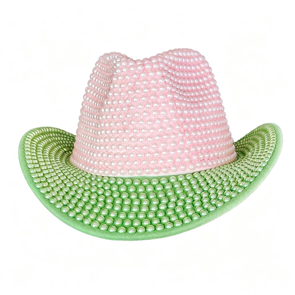 Luxury Pearl Rhinestone Cowboy Hat For Women Pink Green Western Cowgirl Hat Bling Festival Party Rodeo Birthday Dress Up Hat