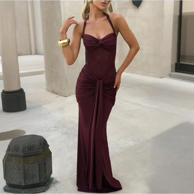 European Style High Waist Solid Color Mesh Fishtail Slim Bodycon Women Sling Long Dress
