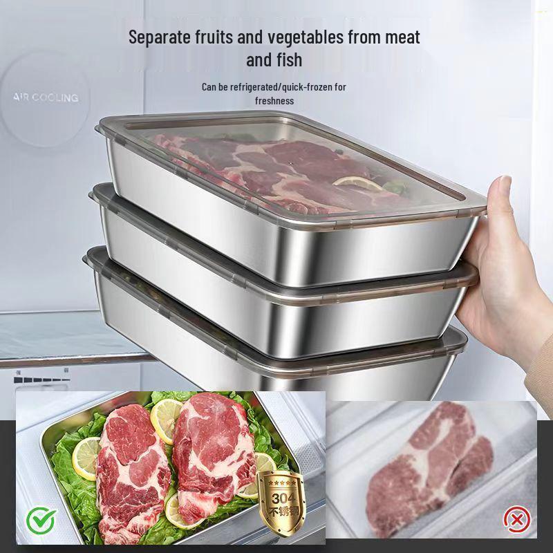 Квадратный контейнер для хранения продуктов из нержавеющей стали с крышкой, пищевой хранитель свежести, лоток для подготовки продуктов в холодильник.