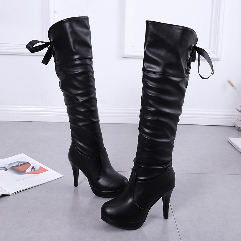 Fashion 9.5 CM Women's Fashion Sexy Thin Heel Knee High Long Boots Classics Autumn Winter PU Panel Rear Tie Boots Platform Shoes