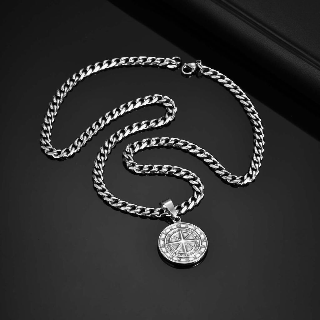 Vnox Kompass Anhänger Halskette für Männer Jungen, Edelstahl Schwarz Gold Silber Farbe Runde Münze Halskette, Punk Schmuck Geschenke