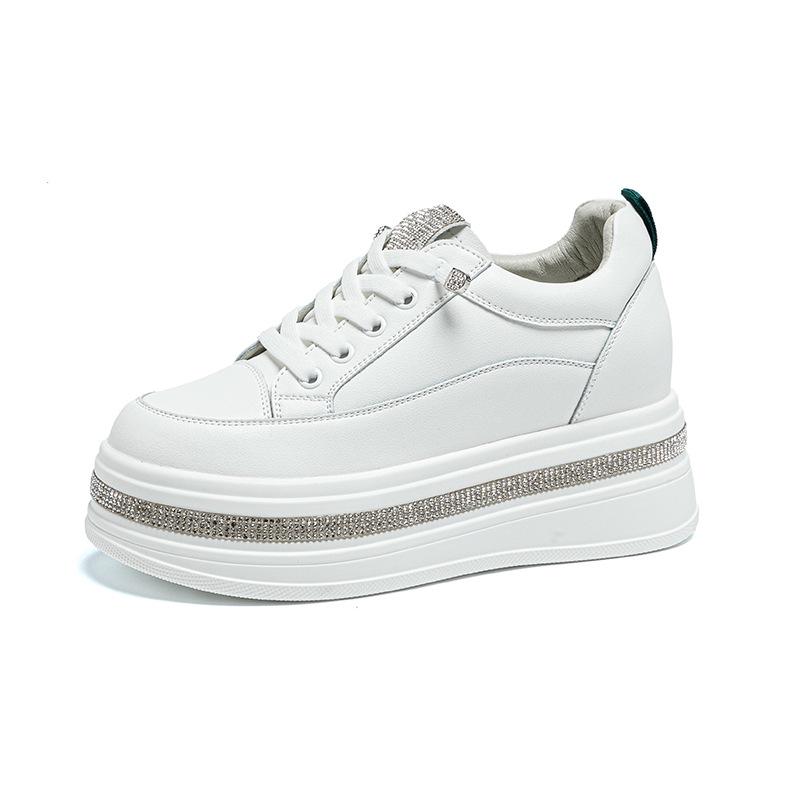 Women's White Platform Sneakers with Rhinestone Elastic Laces - Genuine Leather, Thick Sole, 7cm Height Boost, Lightweight & Versatile.