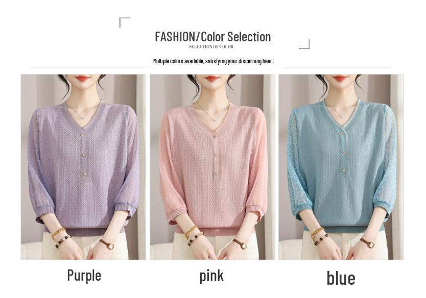 Schicke Frühlings-Strickbluse mit V-Ausschnitt und Gazeärmeln für stilvolle Mütter