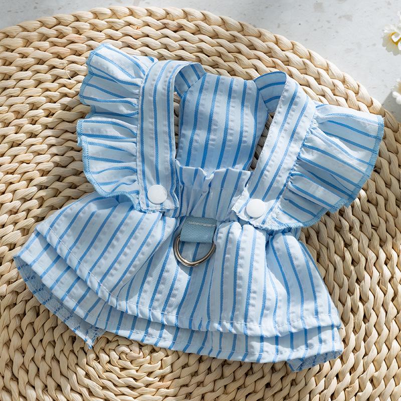 Spring Summer Dog Princess Wind Striped Traction Small Fly Sleeve Strap Skirt Cat Dress Teddy Pet Dog Clothes