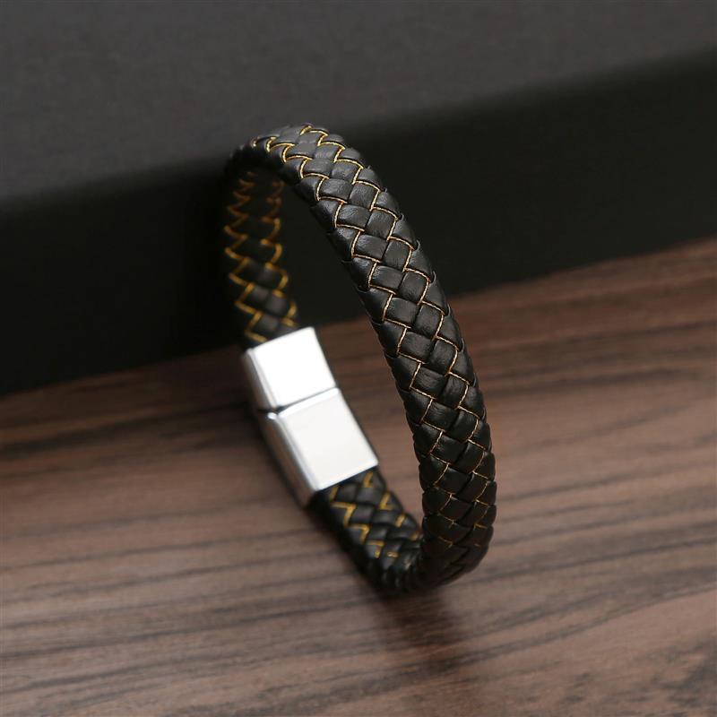 Braided Rope Woven Black Leather Men Bracelets Punk Style Stainless Steel Bangle for Friend Charm Fashion Jewelry Gifts